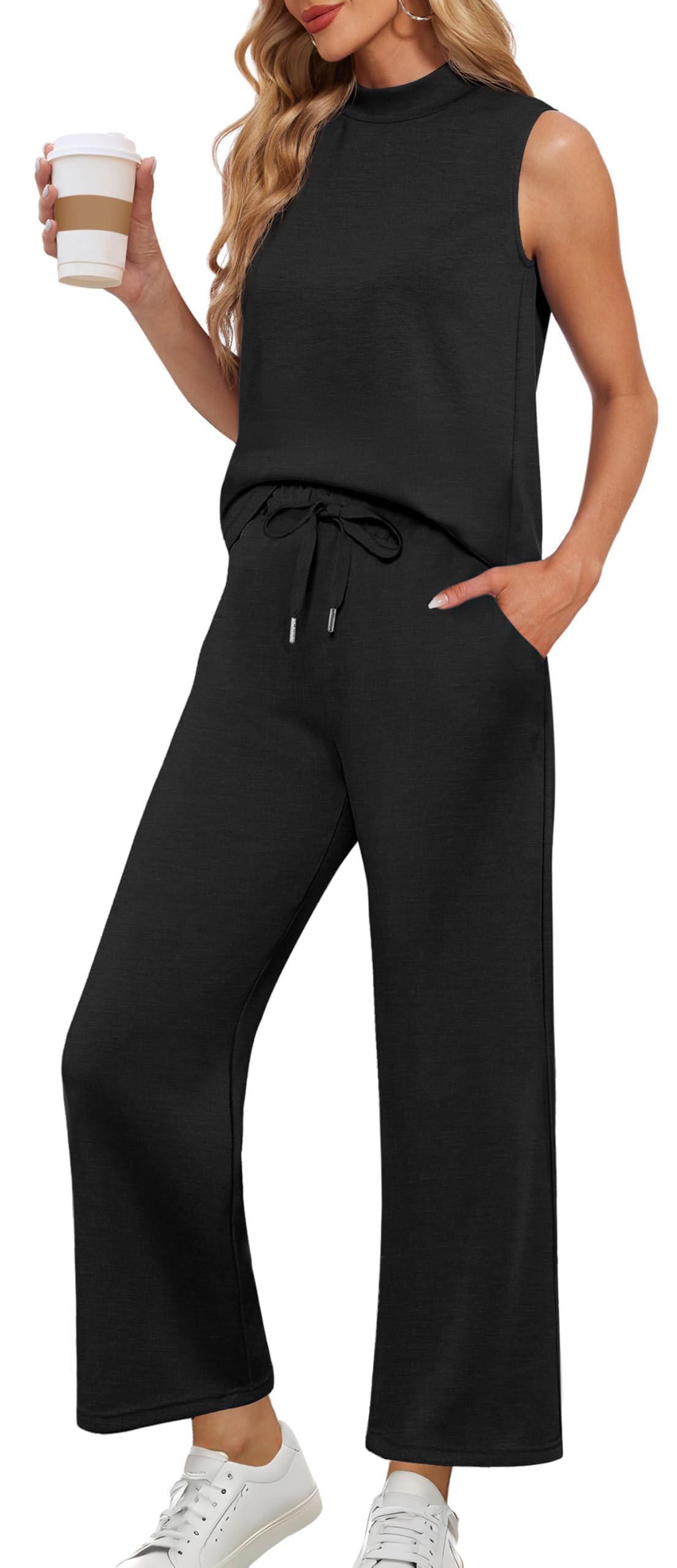 Lepunuo Conjuntos de dos piezas para mujer, cuello alto falso, sin mangas, parte superior de pierna ancha, conjuntos de descanso, trajes de viaje y vacaciones