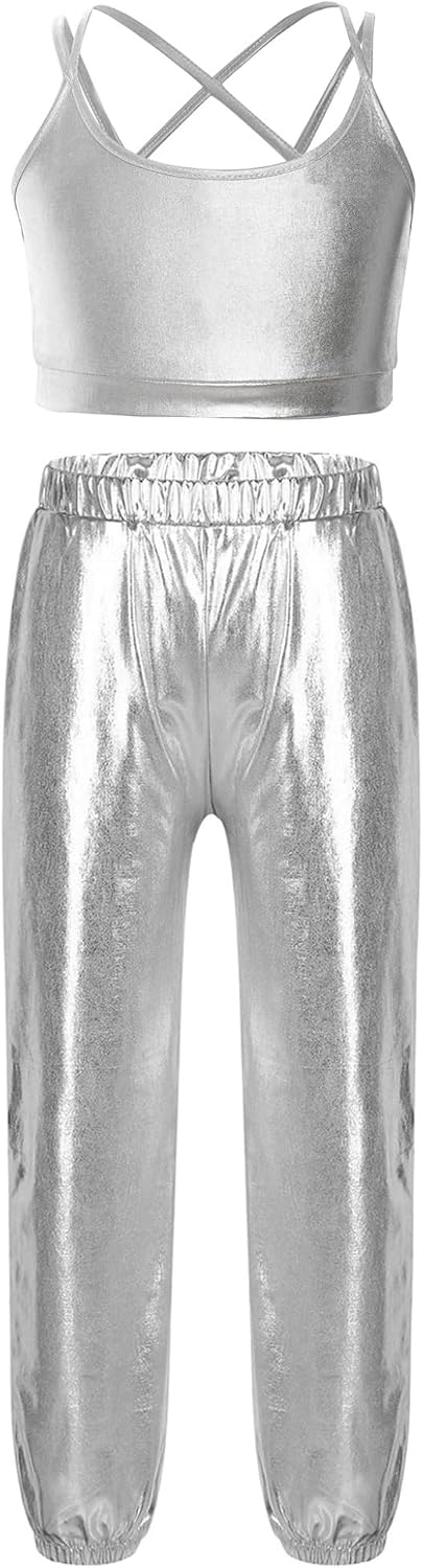 Kids Girls Dance Gymnastics Skating Suit Metallic Camisole Crop Tank Top with Shiny Pants Set