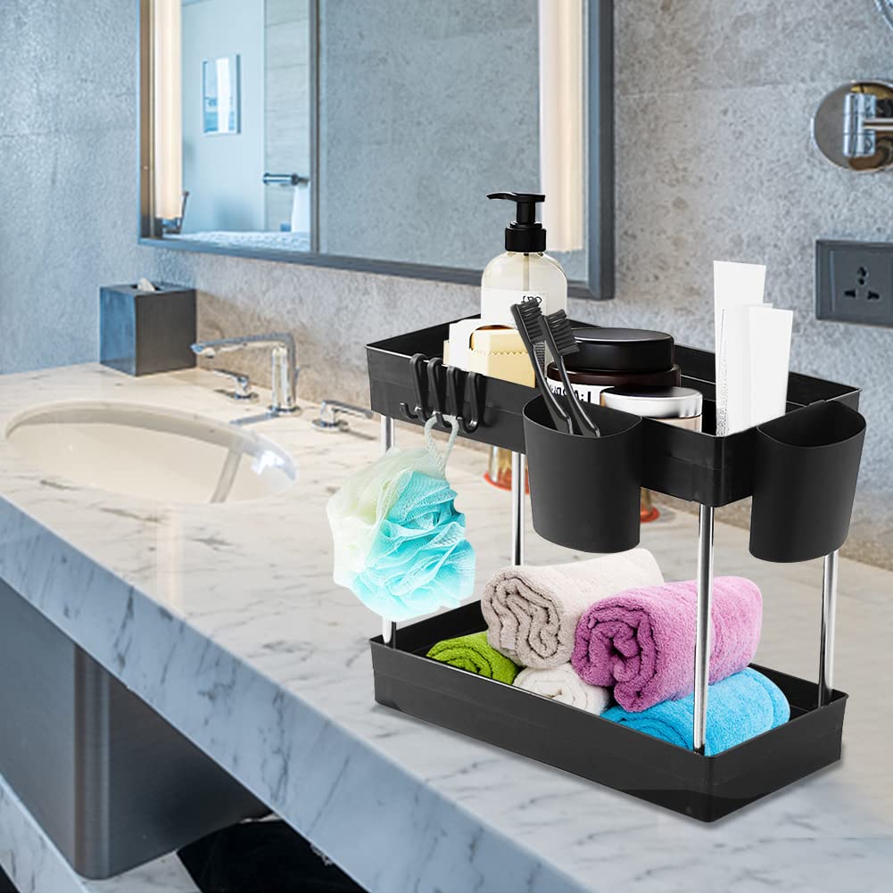 Scaffale a 2 ripiani con 4 ganci – Scaffale multifunzionale per cucina e bagno, ideale per nizing sotto il lavello piano di lavoro e armadi
