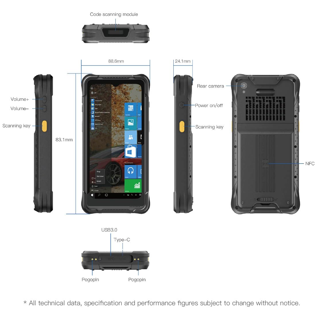 Robustes 6,5 Zoll Tablet PC, PDA Barcode Scanner, Windows 11 Enterprise Betriebssystem, Handheld-Computer mit 1D- und 2D-Barcodescanner (Honeywell N3680), 8 GB RAM + 128 GB, für Anwendungen