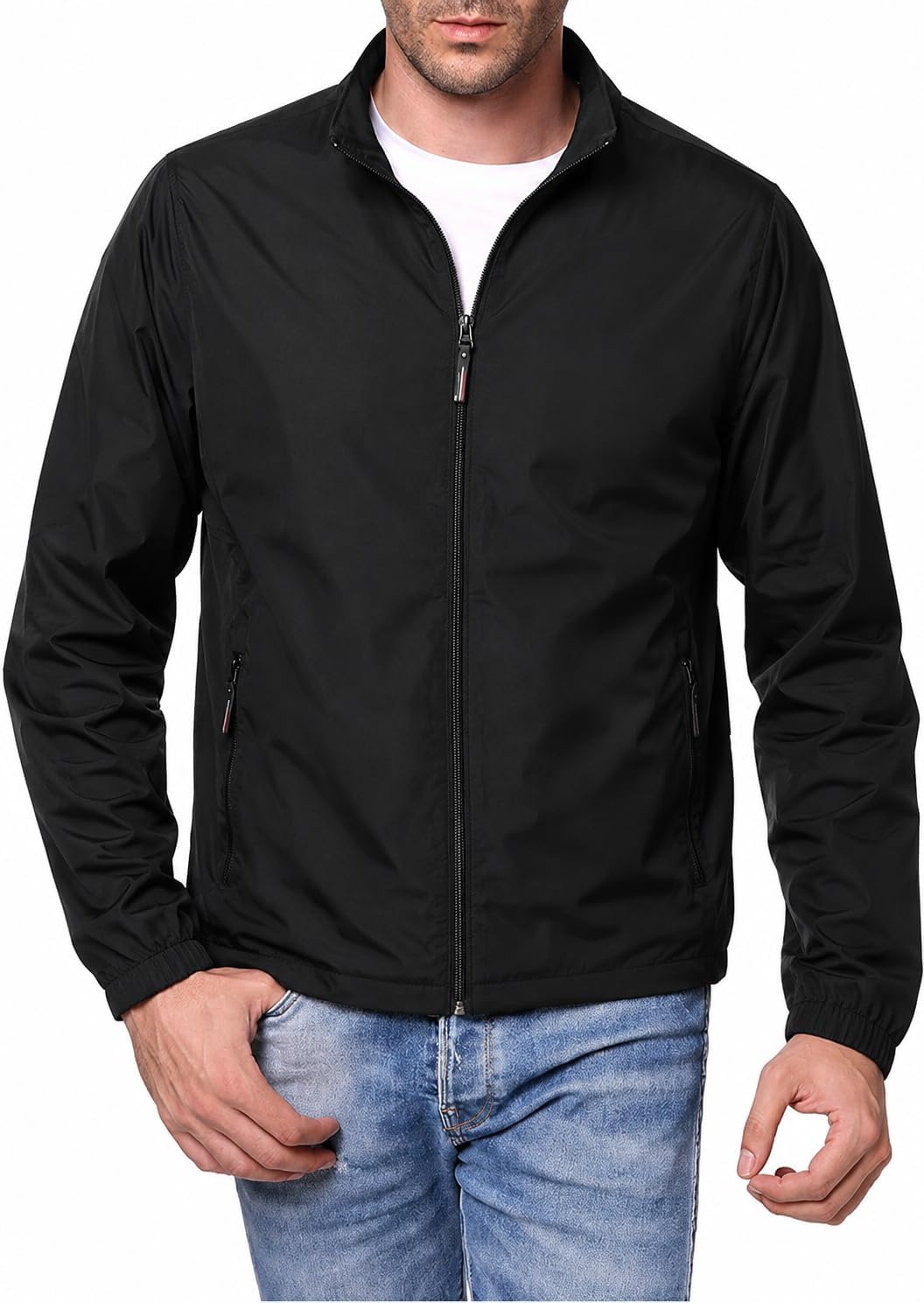 Jaqueta masculina leve corta-vento, casaco de gola alta com zíper e bolsos com zíper para atividades ao ar livre, viagens diárias
