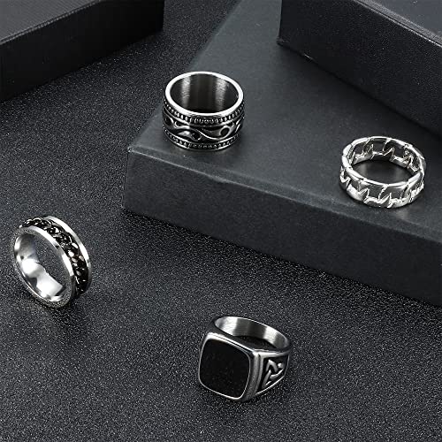 Thunaraz 4Pcs Stainless Steel Rings For Men, Vintage Wide Biker Signet Rings Cuban Chain Spinner Band Rings Set Silver/Gold Size 7-13 #TOP5