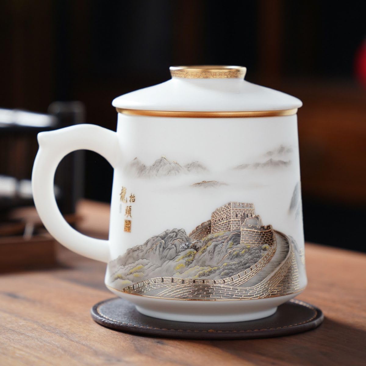 Thcbme 玉陶瓷珐琅彩绘工艺办公杯精细制作马克杯水杯自带茶水过滤器 Stainless Steel tea cup Strainer Q2221