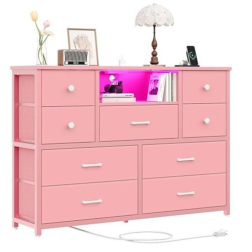 Dresser for Bedroom with 9 Drawers, Storage Organizer TV Stand for 55" TV with LED Lights and Sockets, Fabric Chest of Drawers with PU Finish for Kid Room, Entryway, Living Room, Hallway, Pink - Pink - 11.8"D x 47.2"W x 31.5"H (9 Drawers)