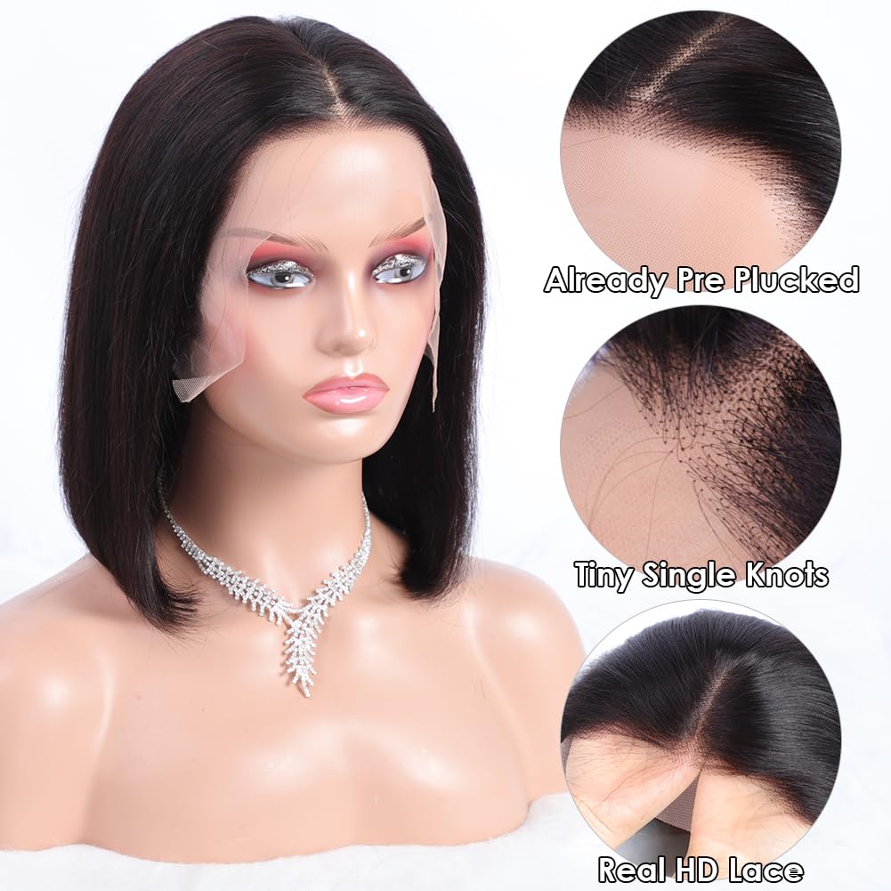 Flady 10 inch Bob Wig Human Hair 13x4 Frontal Lace Wig Straight HD Lace Front Wigs Human Hair Pre Plucked With Baby Hair Glueless Short Bob Wigs for Women 150% Density Natural Color