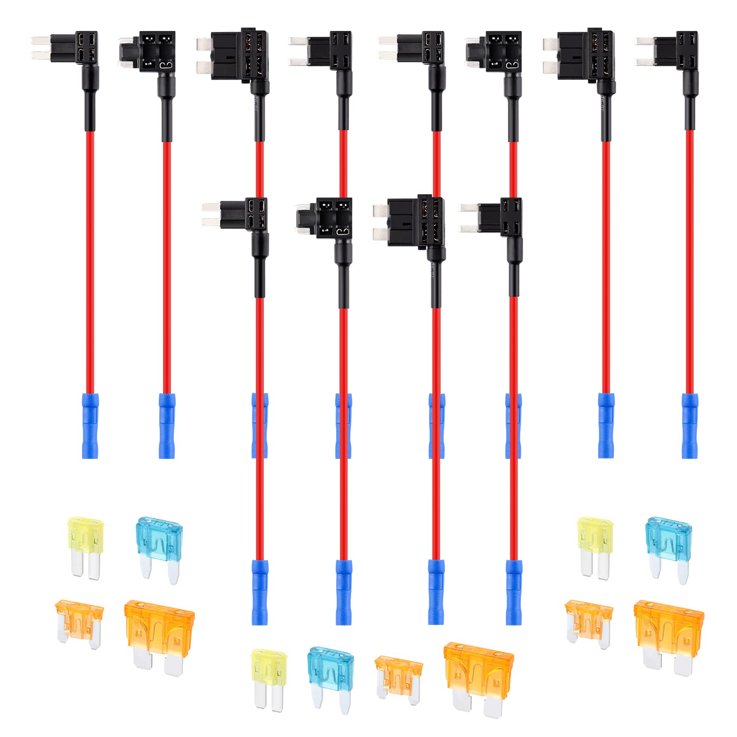 12PCS 12V 16AMG Car Add-a-Circuit Fuse Tap ATO/APM/APS/ATR Dual Slot Fuse Holder with Wire Harness+12PCS 5A Low Profile Mini/Standard&15A Mini&20A Micro2 Blade Fuse Kit Fit Car Truck Boat