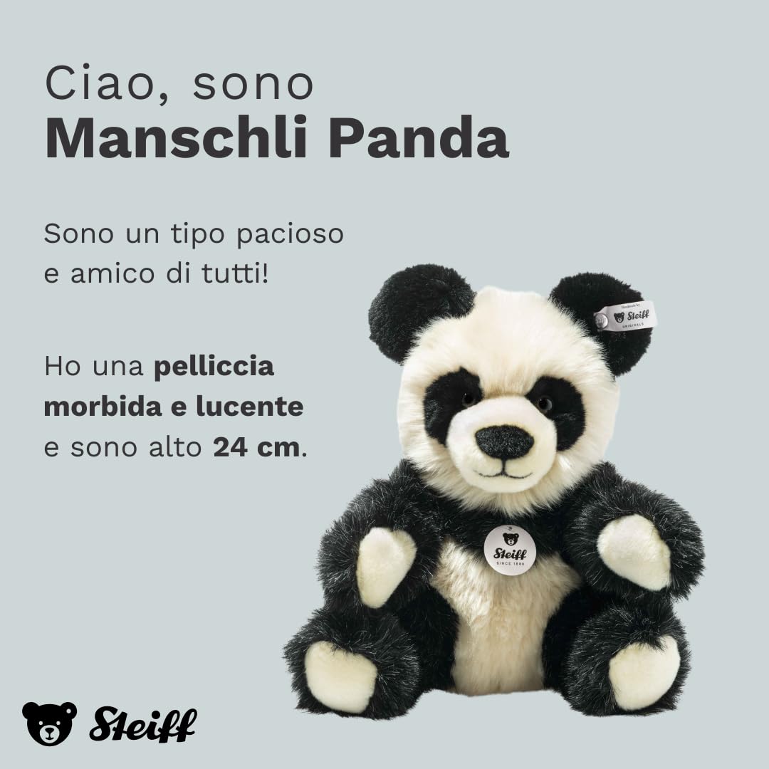 Steiff Peluche Panda Manschli, dolce animale di stoffa con occhi in plastica per bambini e bambine, pupazzo di 24 cm, bianco, 060021