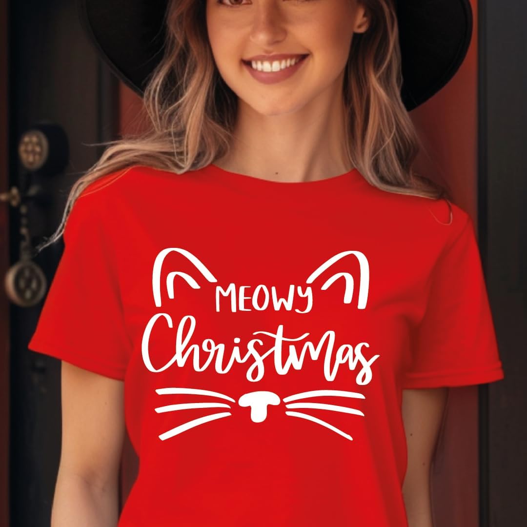 Meowy Christmas Shirt, Women Cute Cat Christmas T-Shirt, Funny Holiday Cat Lover Graphic Sweatshirt, Festive Winter Top, Cozy Xmas Gift Idea for Pet Owners - Image 6