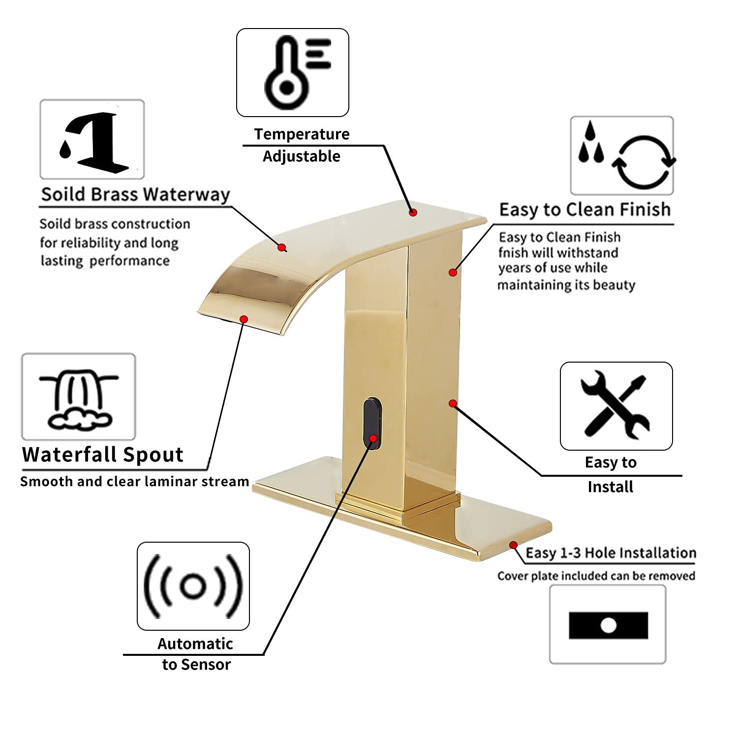 Sensore automatico Oro Lucido Touchless Bagno Lavandino Rubinetto con Coperchio Foro Rubinetto Vanity Mani Free Cascata Bagno Rubinetto Acqua con Scatola di Controllo e Miscelatore Temperatura