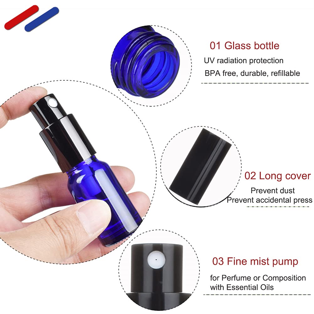 12 Piezas 100ml Frasco de Vidrio Azul con Pulverizador Negro Botella de Cristal con Bomba en Spray Vacía Reutilizable Ideal para Perfume o Composición con Aceites Esenciales Embudo
