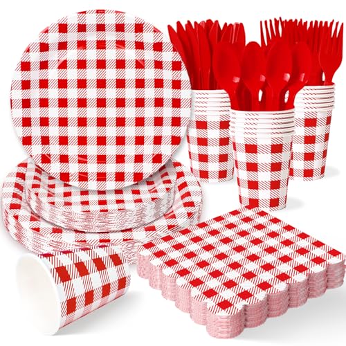 Vyntra Red Checkered Paper Plates and Napkins Set for 25 9 Dinner Plates & 7 Dessert Plate Birthday Party (Red Gingham 175 Pcs)