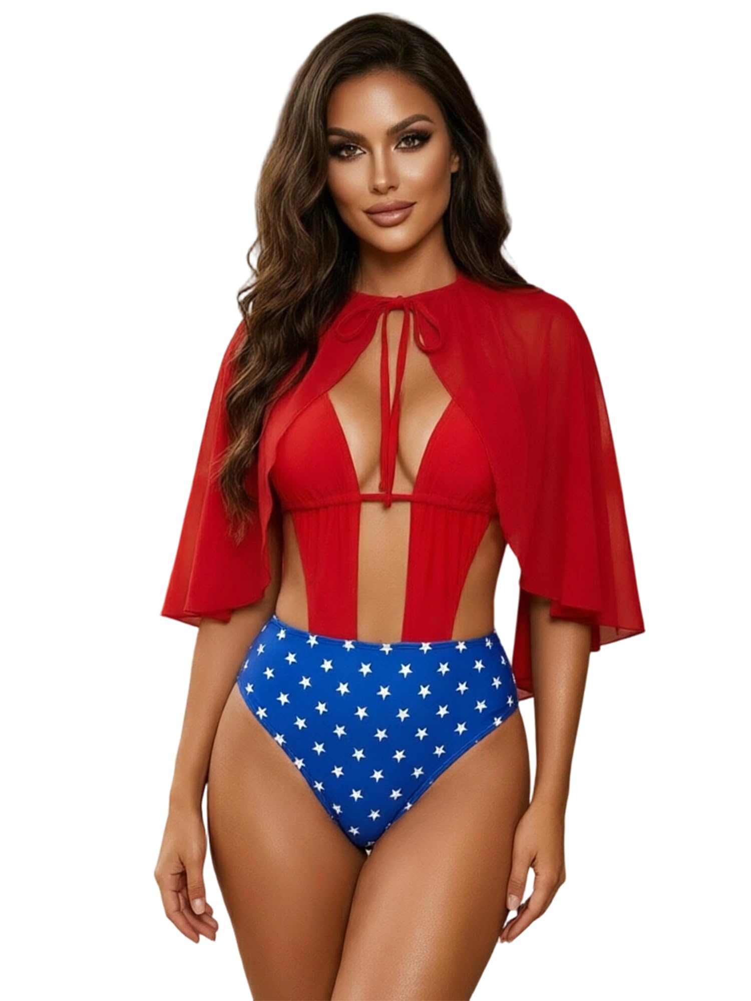 Springcmy Women Power Superhero Seductress Halloween Cosplay Costume Bodysuit Cape (D Red, S) โ image 1