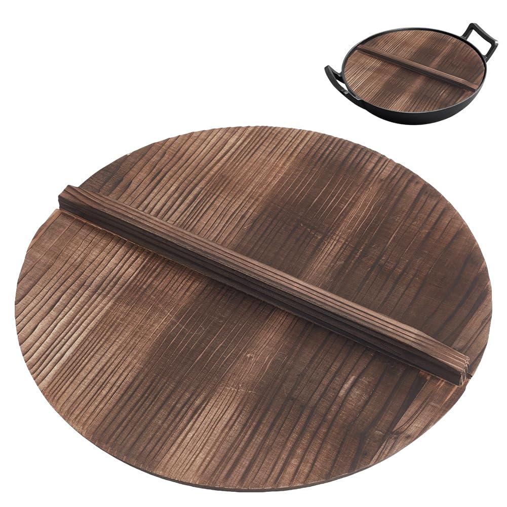 AHANDMAKER Coperchio per wok in legno, 34 cm, in legno naturale, leggero, con manico, per padella in ghisa, piatto, rotondo, protettivo, per cucina, campeggio, picnic, cucina