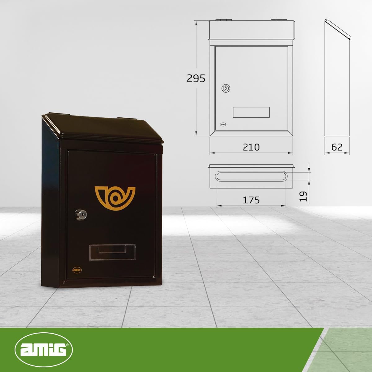 Amig - Mini Outdoor Mailbox | Postal Locker for Walls, Walls or Gates | Made of Steel | Colour Black | Measures 29.5 x 21 x 6 cm | Small Format