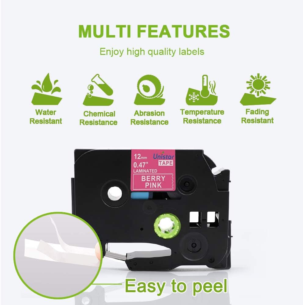 Unistar Compatible Label Tape Replacement for Brother P-Touch 12mm 0.47 Inch Colored Laminated, TZe231 TZe335 MQP35 MQG35(White/Black/Pink/Green) for Label Maker PTD210 PTD400 PTD600, 4 Pack