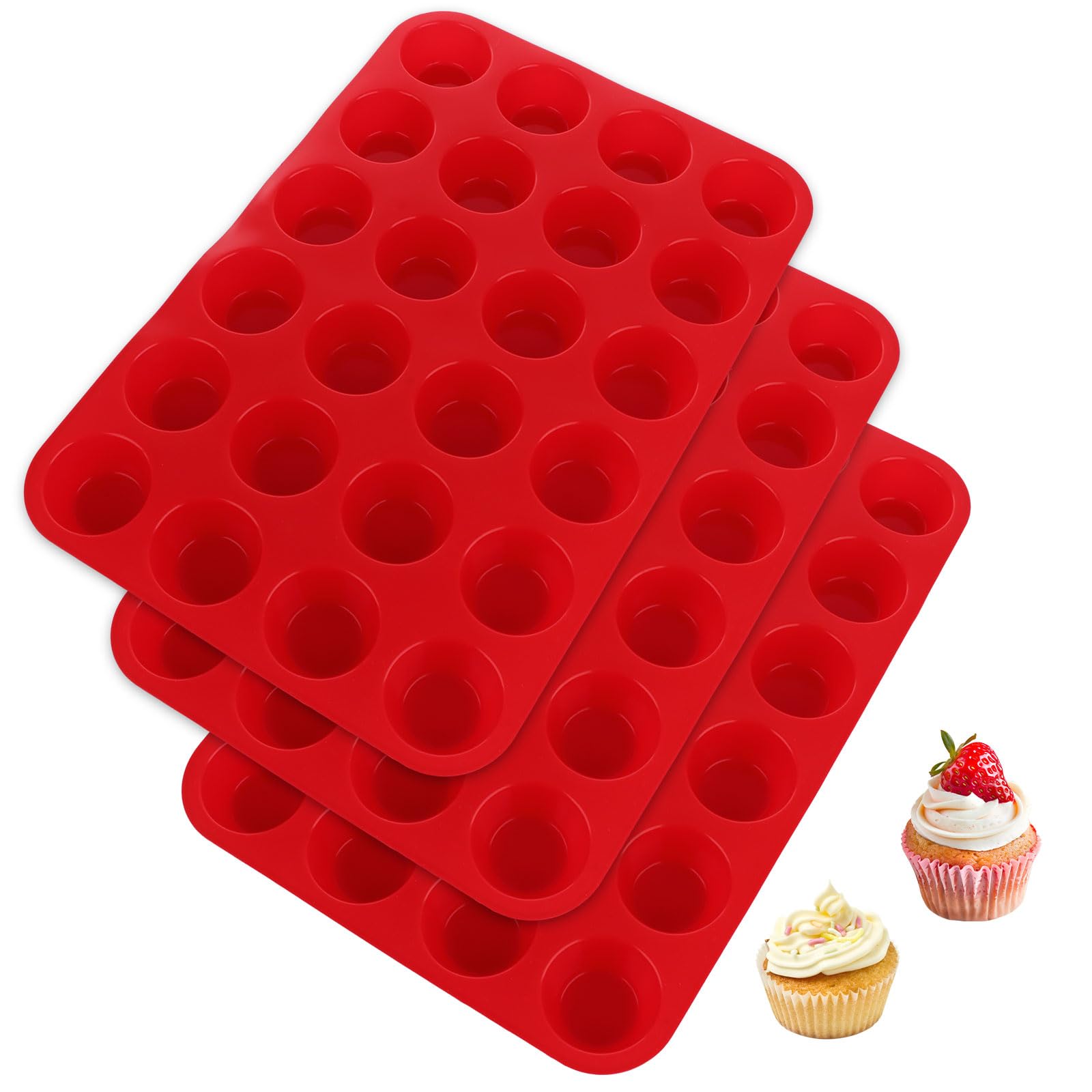 ASelected 3 PCS Mini Muffin Tray 24 Cups, Silicone Muffins Pan Non-Stick Mini Cupcake Tray Reusable Muffin Baking Tray - 34 x 23 x 2.5cm - Red
