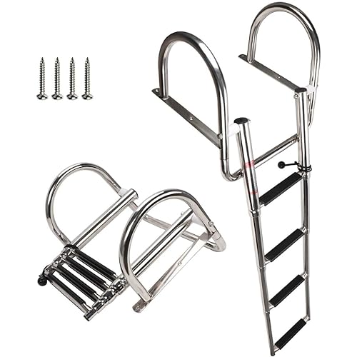 COC-LF 4 Steps Pontoon Boat Ladder, Stainless Steel Folding Telescoping Rear Entry Inboard Ladder Heavy Duty Custom Swim Deck Ladder with Pedal Hand Railing Ladder
