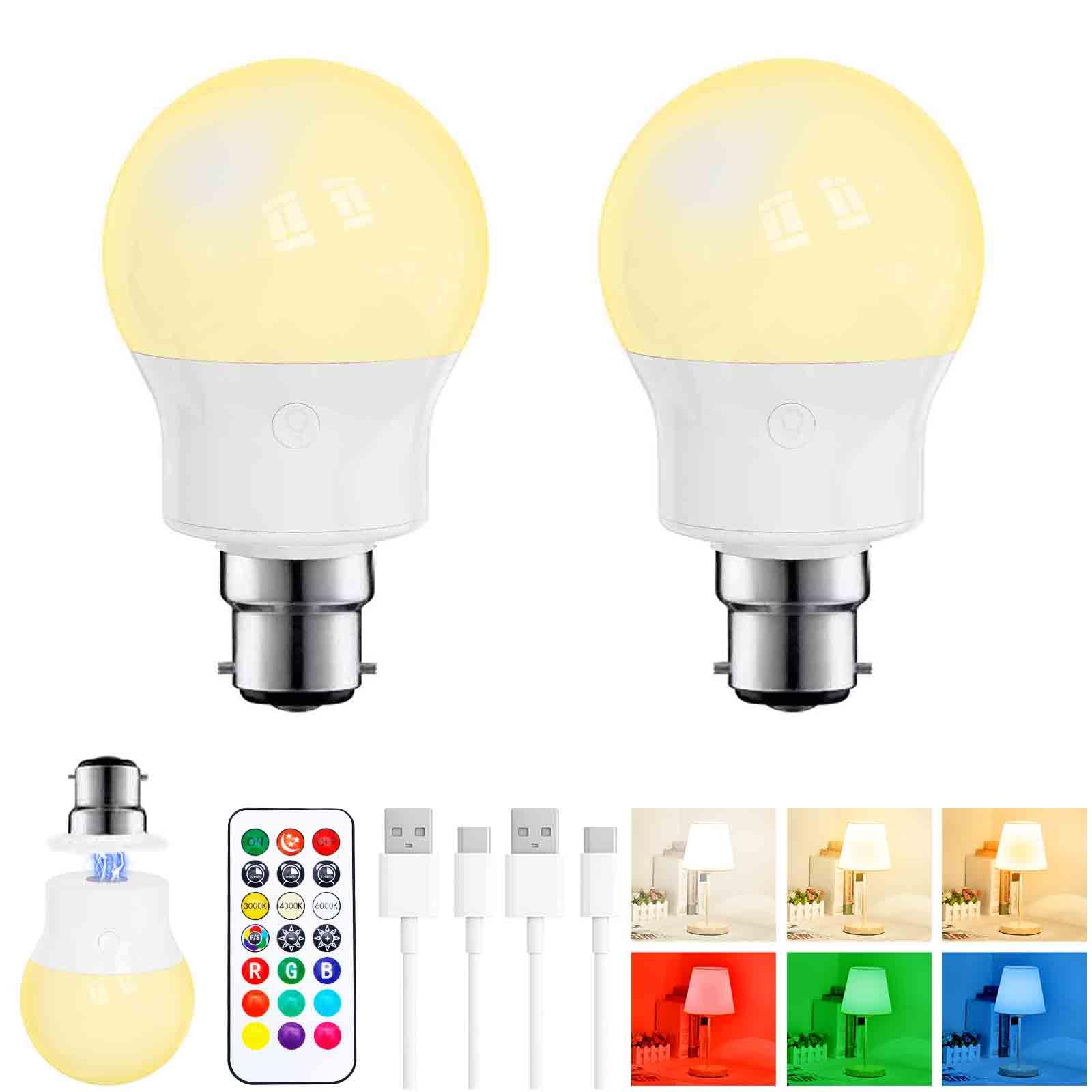 LED Rechargeable Light Bulb with Remote Magnetic B22 Bayonet Battery Light Bulbs, 3 Color Temperature + 9 RGB Colour, 480LM, 3 Timer, for Lights, Lamps Without Power, Camping, Emergency 2 PACK โ image 1