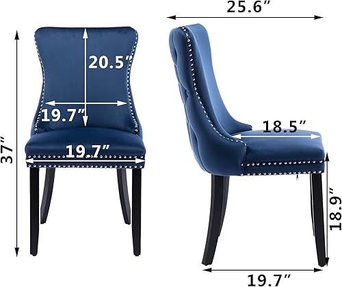 Miniatura 3 de Juego de 4 sillas de comedor tapizadas de terciopelo con respaldo de ala, sillas decorativas azules, 4 sillas de comedor con patas de madera maciza