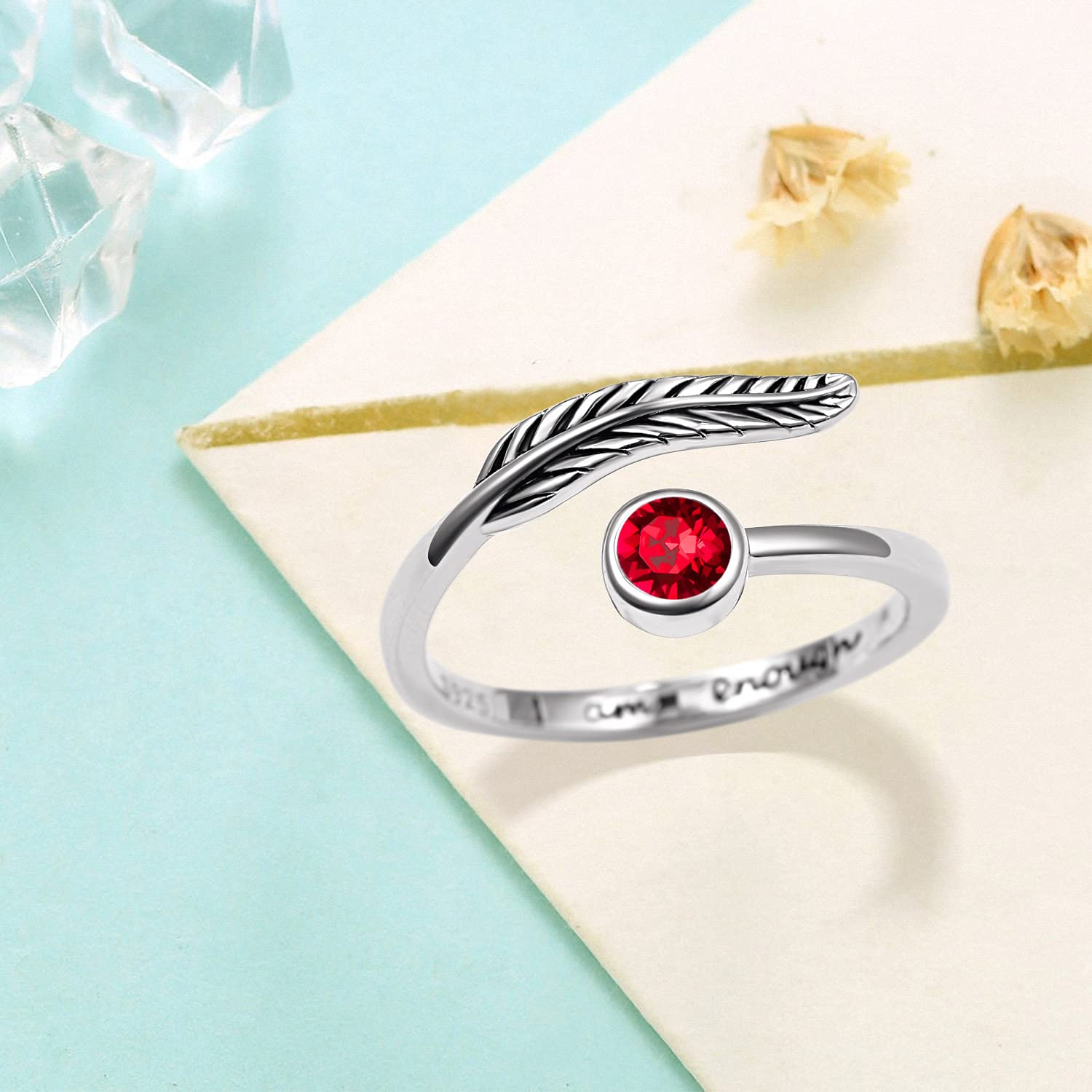 Birthstone Adjustable Open Feather Ring 925 Sterling Silver Birth Stone Ring Jewelry Gift Birthday Gift for Mom Women Wife Girls