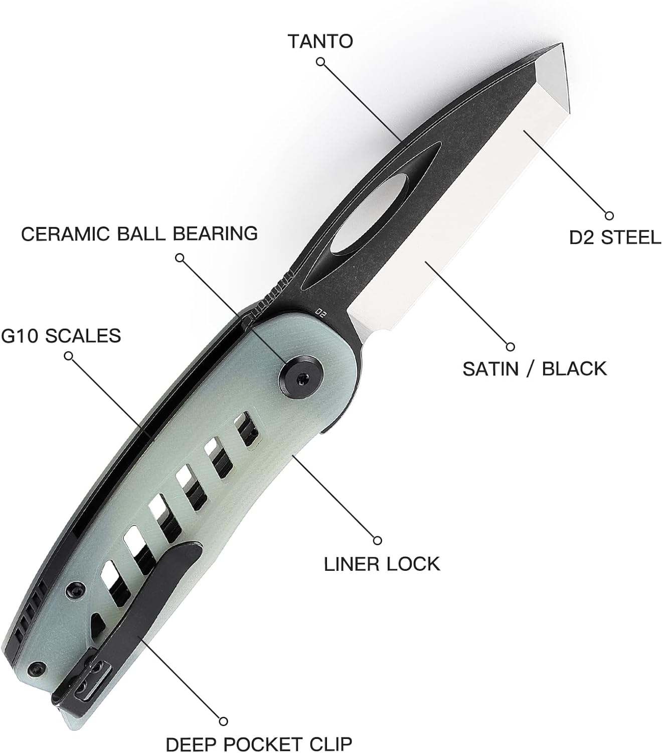 BESTECH KNIVES Pocket Folder Folding Knife: 2.87" D2 Steel Satin+Balck Reverse Tanto Blade, G10 Scales, Flipper, Liner Lock, EDC Steel Clip, BG37C (Translucent)