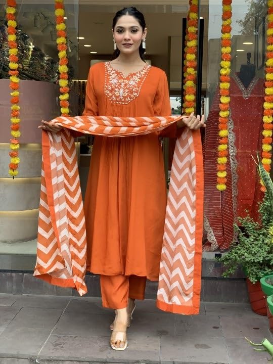 Image of Nermosa Women Solid Orange Embroidery Kurta and Pant Set with Dupatta