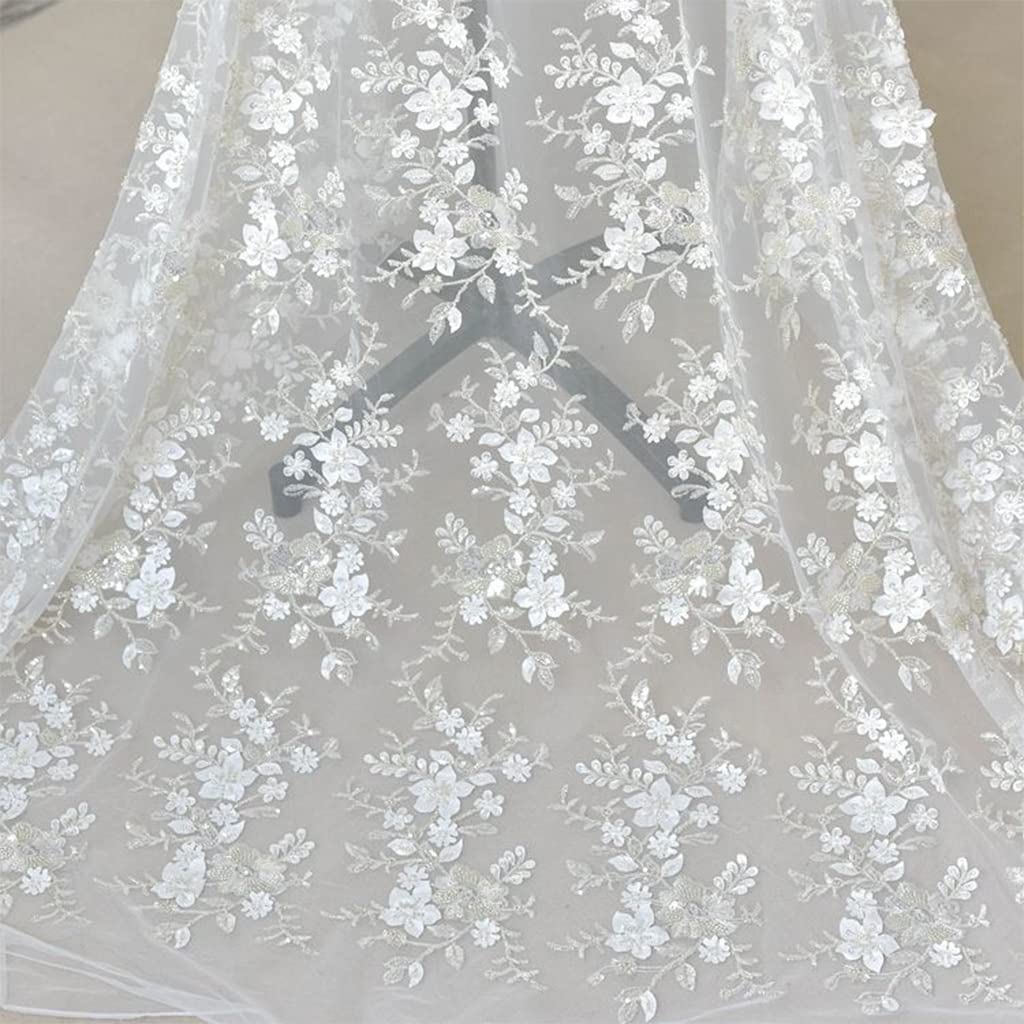 1PCS 125 Cm Trójwymiarowa Haftowa Koronkowa Tkanina Z Cekinami, Woodele Woutor Materiał Odzieży Ręcznie Robiony Tkanina DIY(White)