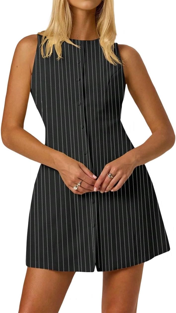 Women Elegant Crew Neck Sleeveless Button Down Mini Dress Business Casual Tie Back Slim Fit A Line Short Dress - Image 2