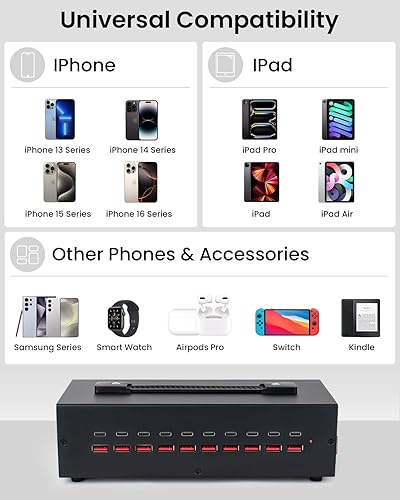 Miniatura 4 de Estación de carga USB-C de 200W, bloque de cargador USB de 20 puertos (10 USB A y 10 USB-C), estación de carga rápida para múltiples dispositivos,