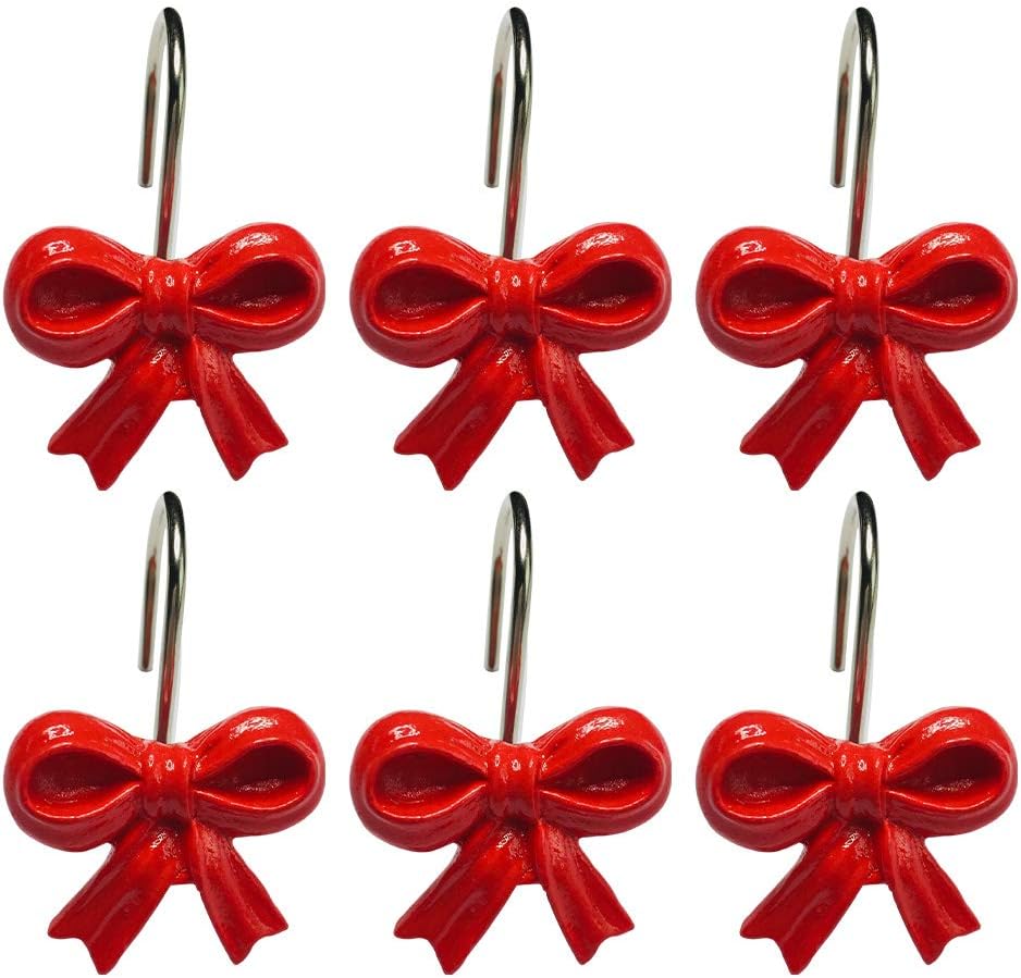 Twofishes Home Fashion Red Gifst Bows Shower Curtain Rins Pack of 12 Decorative Rust Proof Gifts Bows Curtain Hooks Set of 12