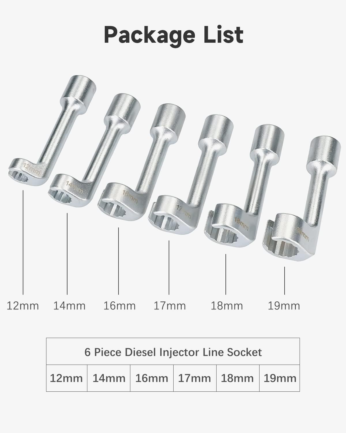 1/2" Drive L-Type Diesel Injector Fuel Line Injection Sockets Wrench Set 12mm 14mm 16mm 17mm 18mm 19mm with Carrying Case (6PCS)