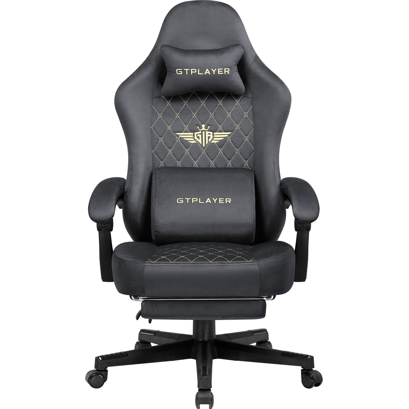 GTPLAYER Gaming Stuhl Stoff Gaming Chair Ergonomisch Bürostuh PC Stuhl, 150kg Belastbarkeit, Verstellbarer und Drehbarer Schreibtischstuh mit Federsitzkissen und Fußstütze, Schwarz