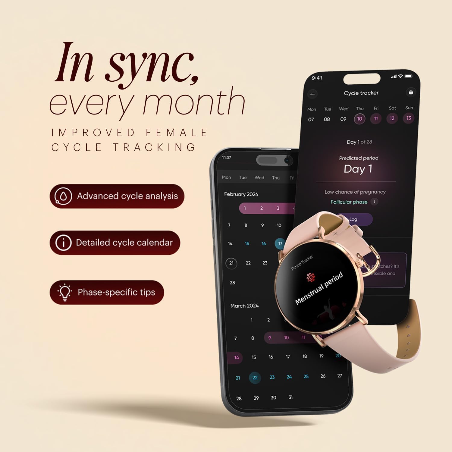 Noise Diva 2 Smartwach for Women with AI Voice Assistant, 7 Day Battery, 100+ Sport Modes, Sleep Tracking, Female Cycle Tracking, AMOLED Display, Water & Dust Resistant, 1 Year Warranty (Rose Pink)