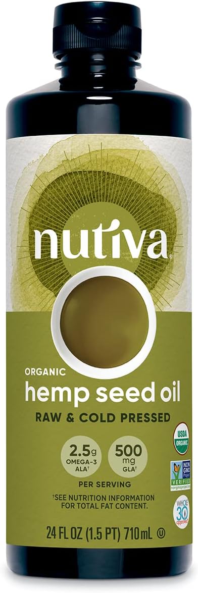 Nutiva Organic Cold-Pressed Unrefined Raw Hemp Seed Oil, 24 Ounce, USDA Organic, Non-GMO, Whole 30 Approved, Vegan, Gluten-Free & Keto, Rich In Omega 3 & 6 Fatty Acids