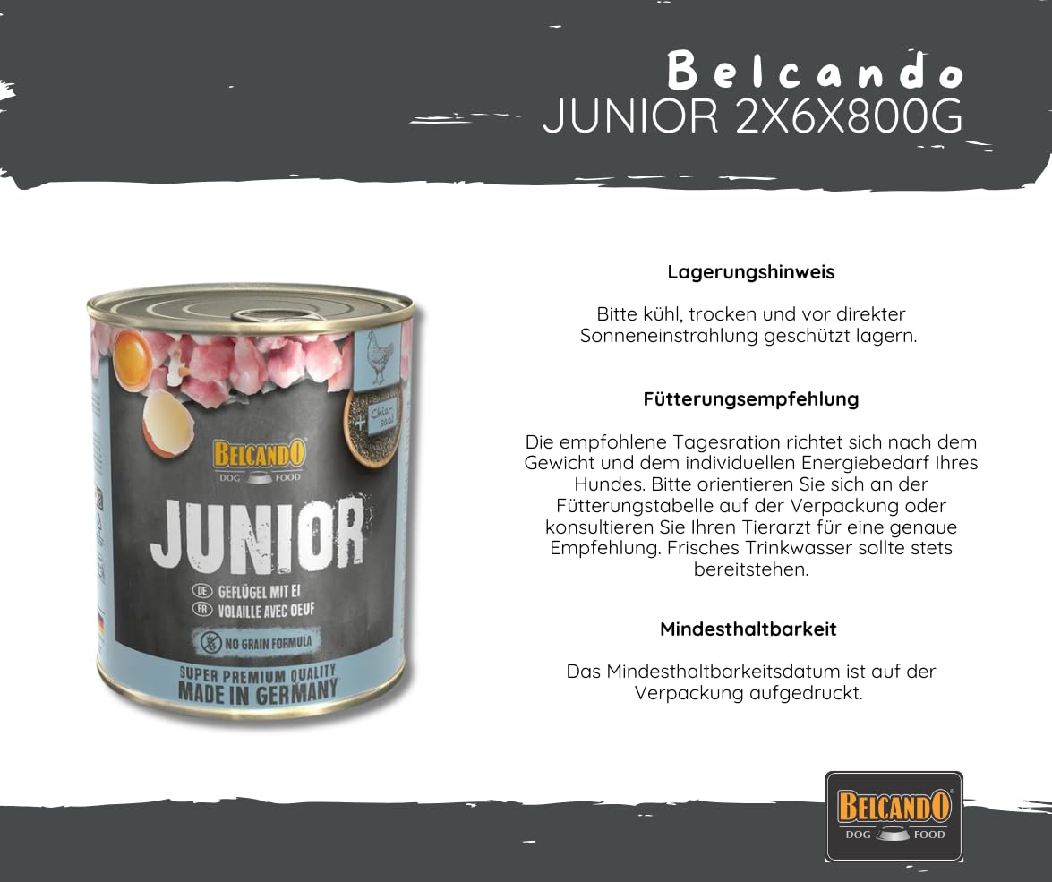 Belcando Junior Geflügel mit Ei 2x6x800g – Nassfutter für Welpen & Junghunde, hochwertiges Aufzuchtfutter mit Geflügel, schonend gegart - Hundefutter Bundle/Sparpaket - Made in Germany