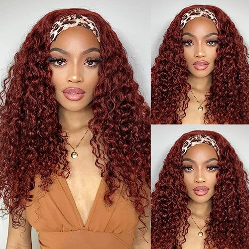 Image of Celiarita Headband Wig Deep Wave Human Hair Glueless None Lace front Human Hair Brazilian Virgin Machine Mlade Deep Curly Hair Headband Half Wigs for Black Women, Reddish Brown Headband Wig,24 inch