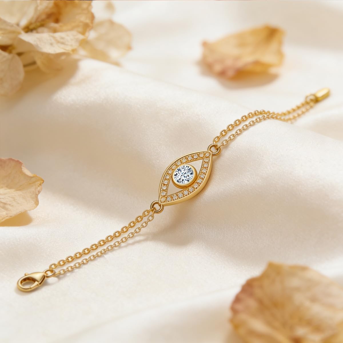 Midari 18K Yellow Gold Gemstone Birthstone Double Chain Bracelet Evil Eye Jewelry with 12 Months Birthstone Birthday Gifts for Women Wife Her Daughter Mom Sizes 7+2''