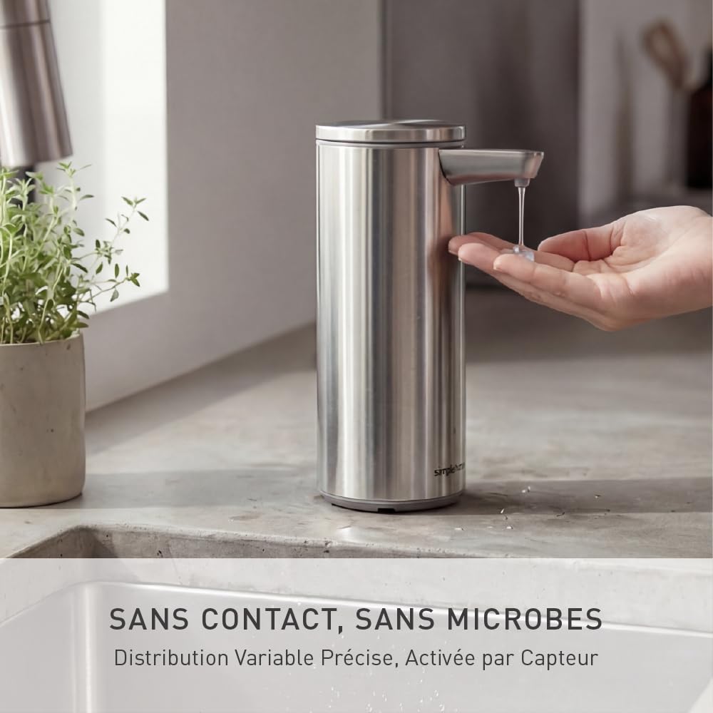simplehuman Sensor Pump Acier Inoxydable Brossé | Distributeur de Savon Automatique avec Capteur, 266 ml, Distributeur de Savon Sans Contact pour Cuisine, Salle de Bain