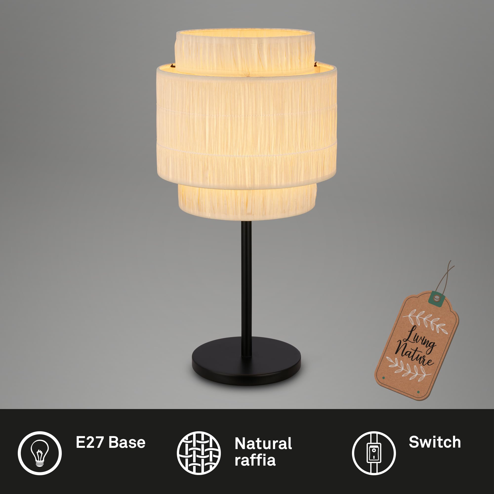 BRILONER - Lampa stołowa z kloszem typu łykowego, przełącznik kablowy, E27, maks. 10 W, lampa, boho, estetyczny, lampka nocna, lampa stołowa, lampa dekoracyjna, lampa do korytarza, lampa biurowa,