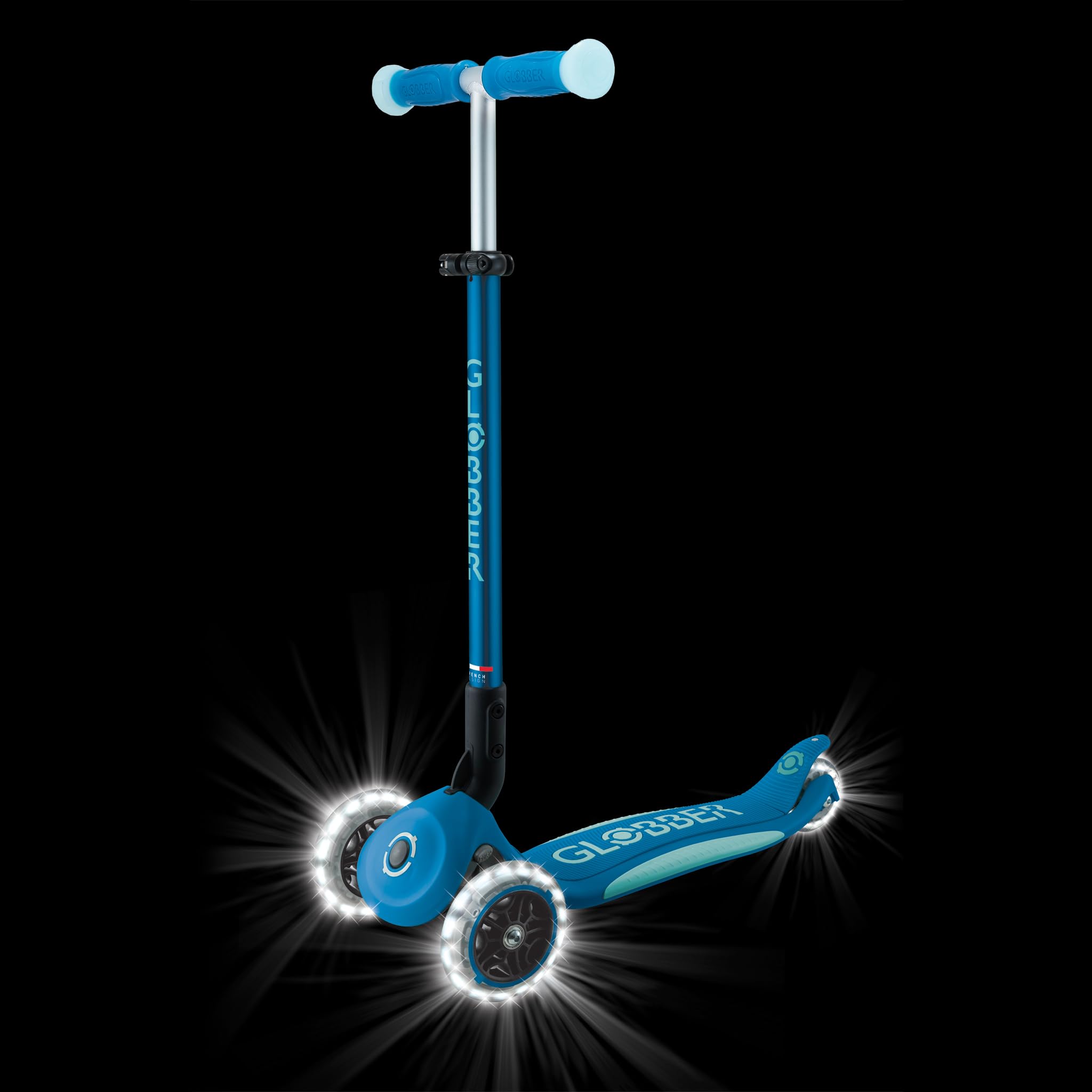 GLOBBER Elite Glow Lights hulajnoga dla dzieci, 120/80 mm, 3-kołowa, regulowana, kółka LED, efekt świecenia, petrol