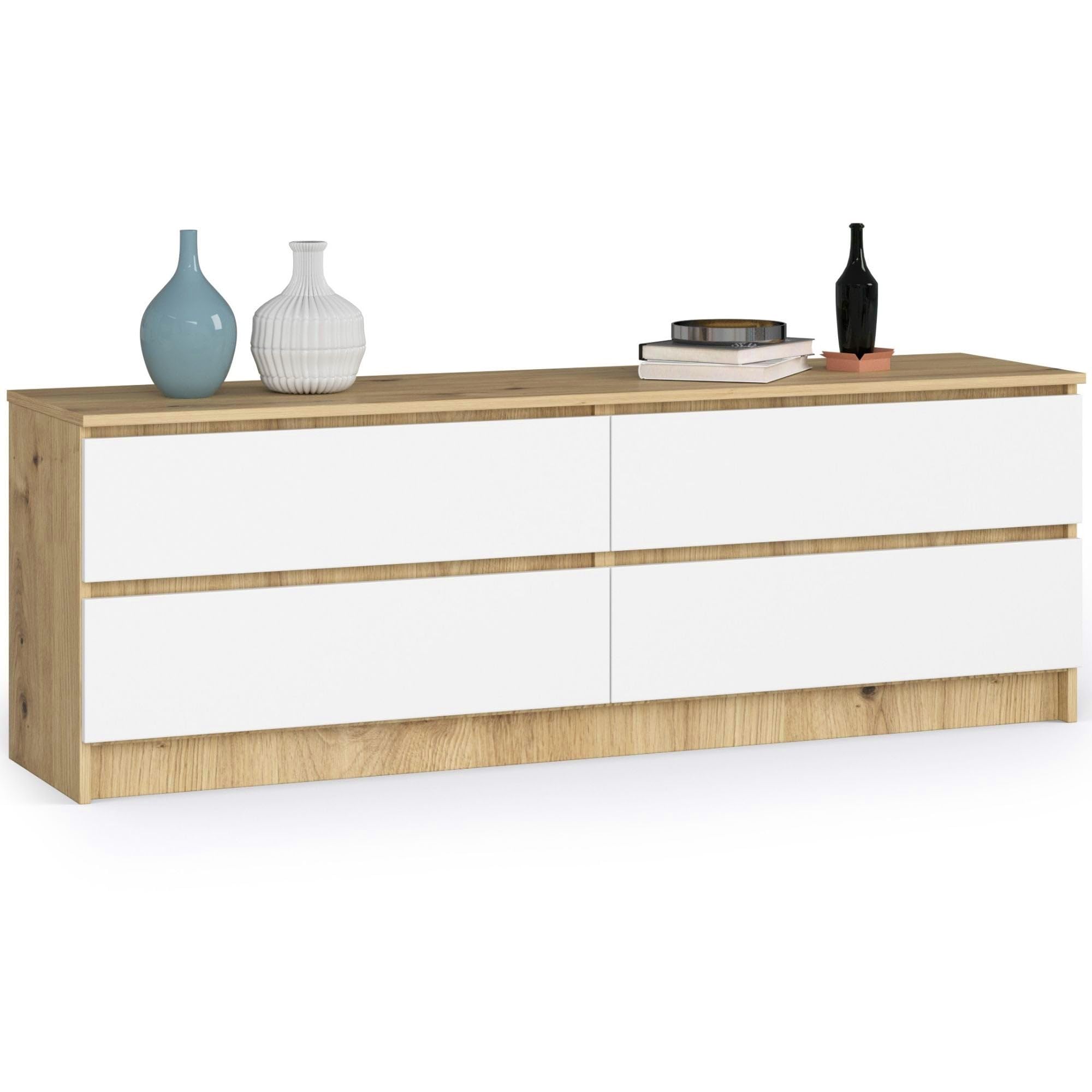 AKORD Cassettiera K 160 cm | 4 Cassetti | Moderna Mobiletto per il soggiorno Camera da letto Armadio Soggiorno Bagno | Salvaspazio | 160 x 55 x 40 cm | Handgemaakt Eik/Wit