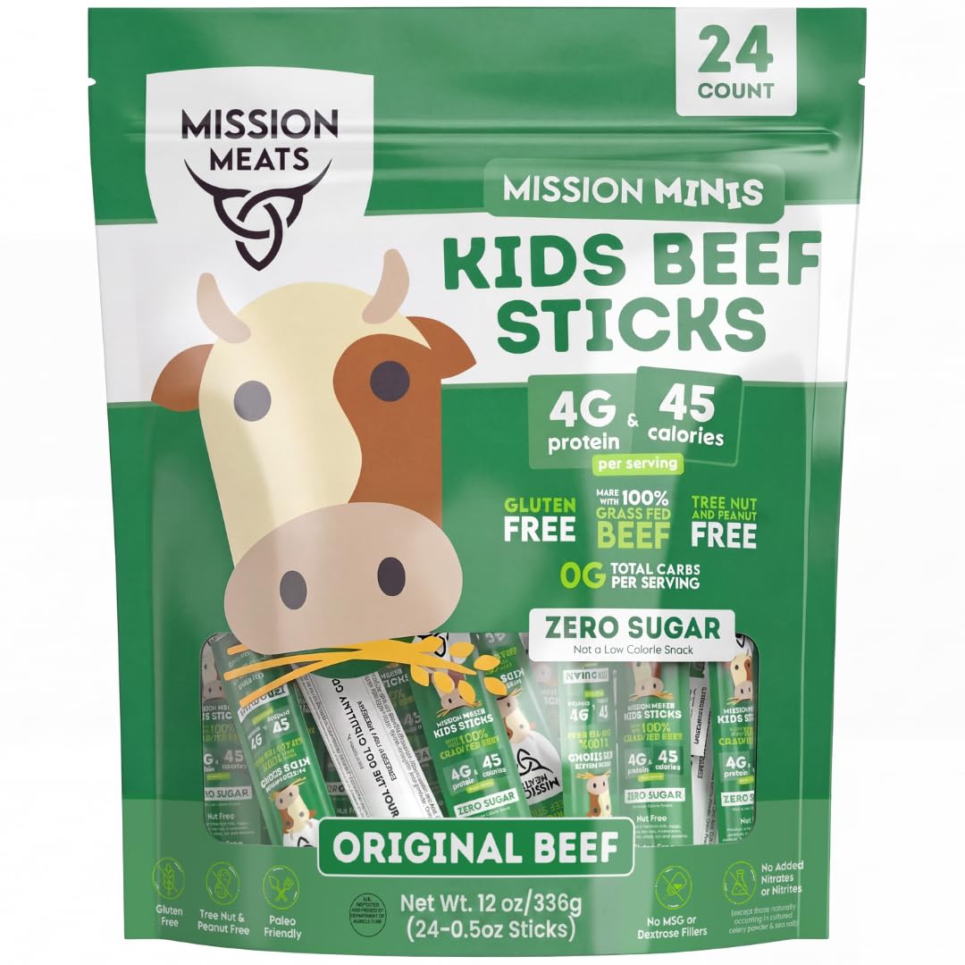 Mission Meats Kids Beef Sticks, 100% Grass Fed, Healthy Snacks for Kids, Zero Sugar, 9g Protein per Serving, Gluten & Nut Free, Individually Wrapped, Mini 0.5oz (72ct Bag)