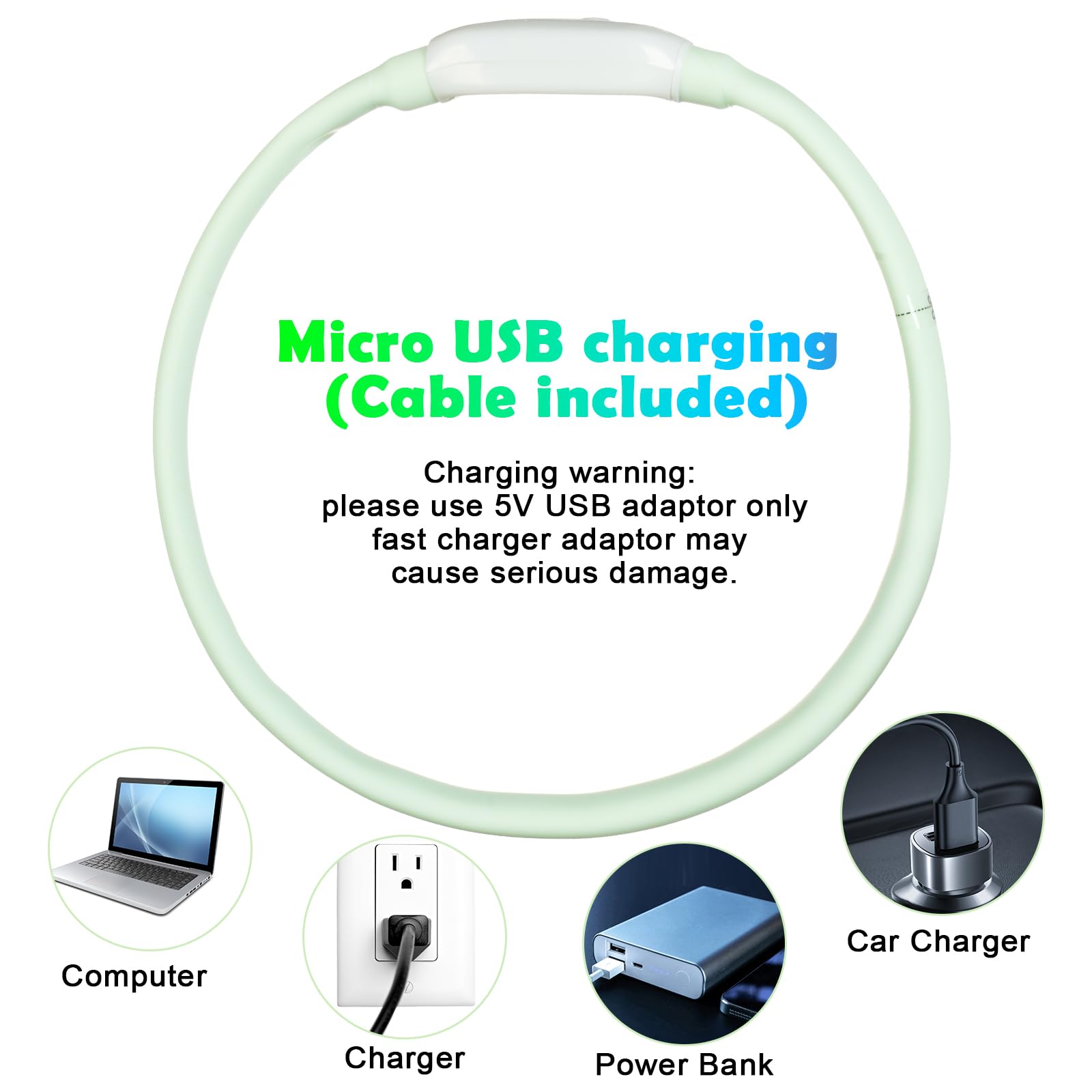 AUAUY Collare Luminoso per Cani, Collare per Animali Domestico LED Ricaricabile USB, Collare di Lunghezza Regolabile con 9 modalità Luminose per Cani di Taglia Piccola Media Grande - Multicolore