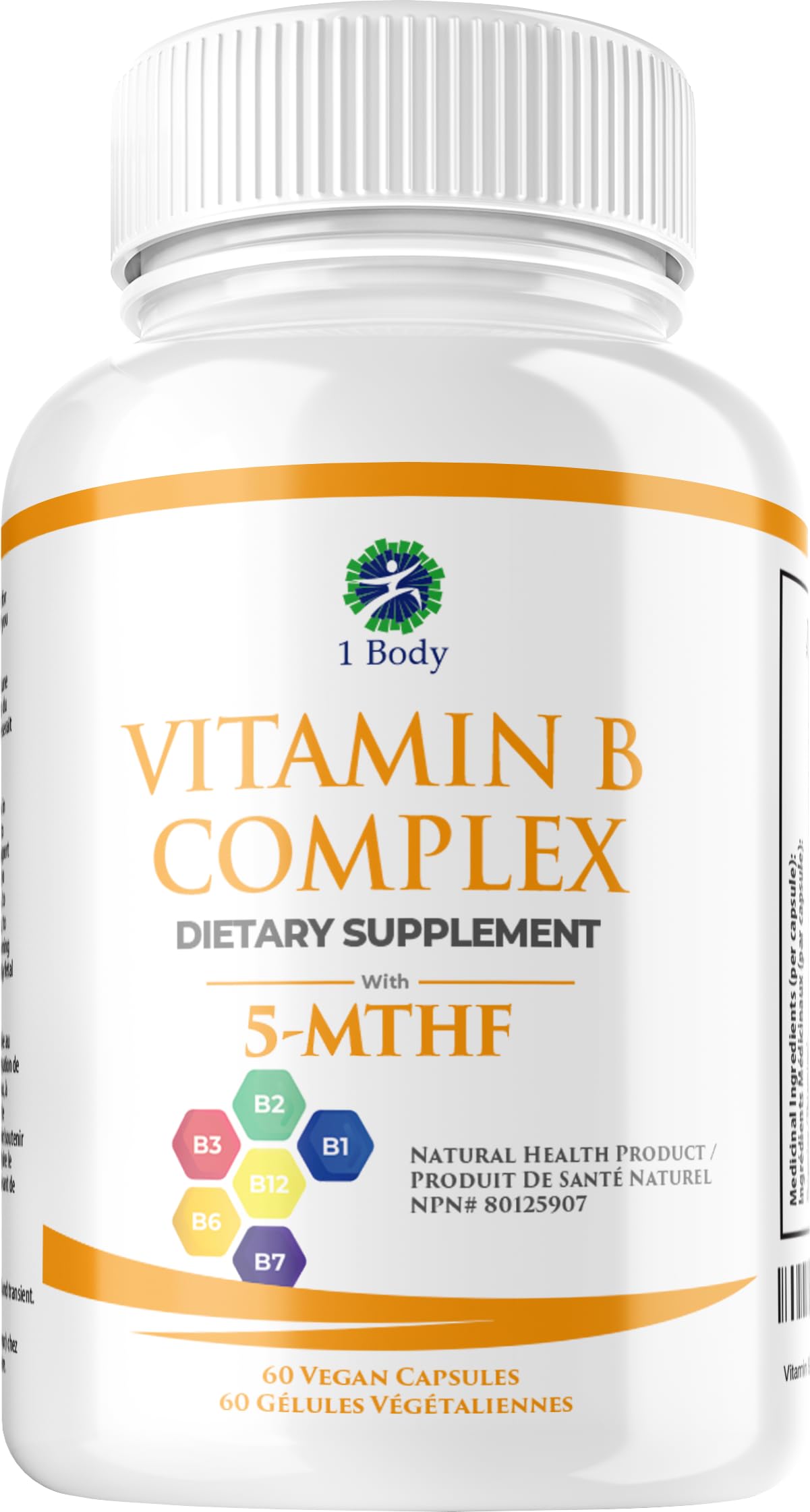 1 Body Vitamin B Complex – 5-MTHF Folate with B1, B2, B5, B6, Methyl B12, Niacin, Biotin – Wide Range of Benefits for Stress, Heart Health, Healthy Brain Function, Nervous System Support