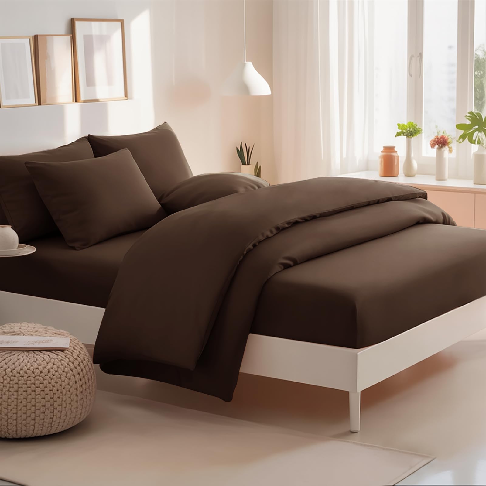 RUIKASI Bedding Sets King Size Bed - 4 Piece Bedding Set Kingsize Bed, Deep Pocket Fitted Sheet and Duvet Cover with Pillow cases, Soft Microfiber Duvet Set with Zipper, Brown โ image 1