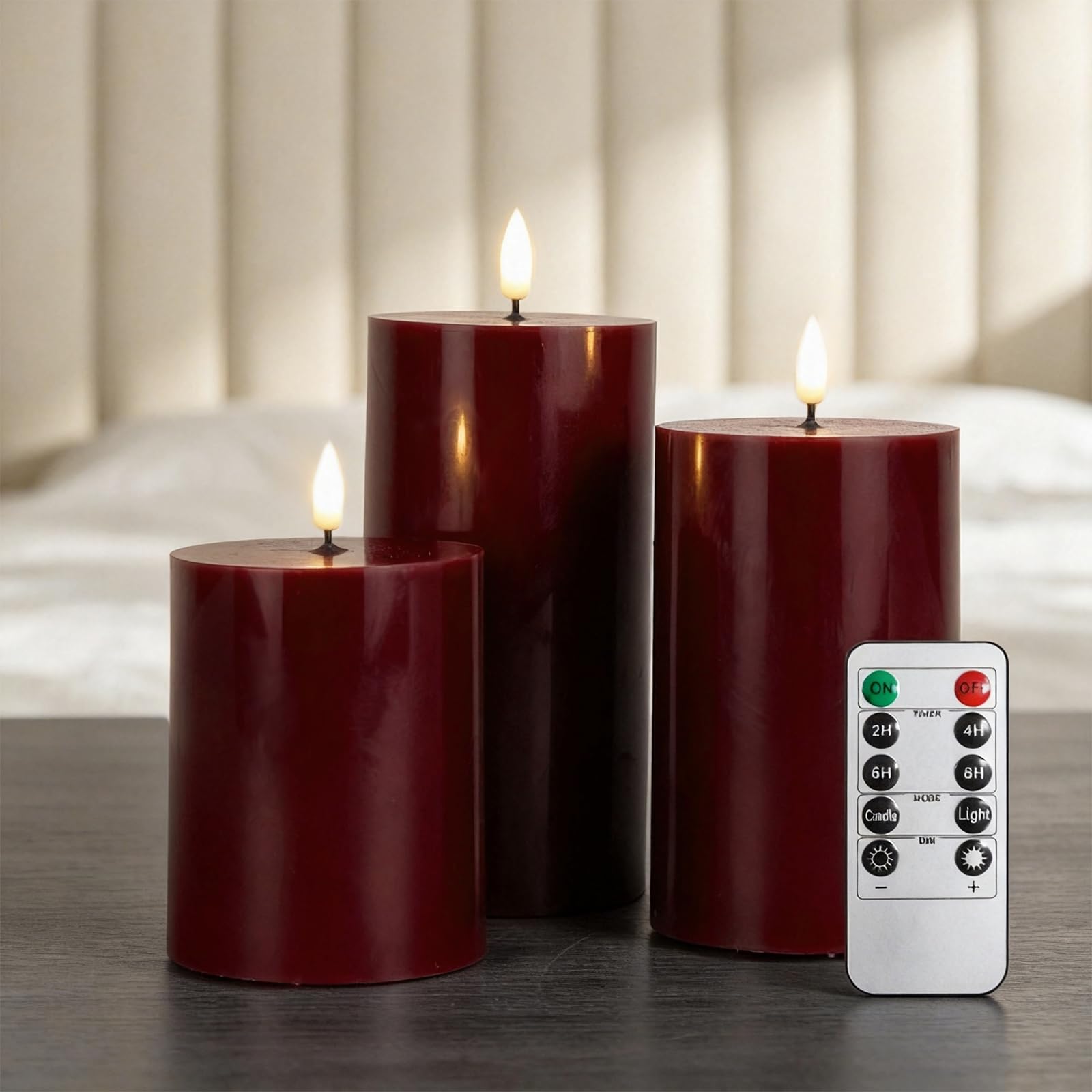 RanBluu 3 Pack LED Candles with Remote Control & 24 Hour Timer, Flameless Real Wax Pillars, Flickering Candles for Birthday/Party/Wedding, Red