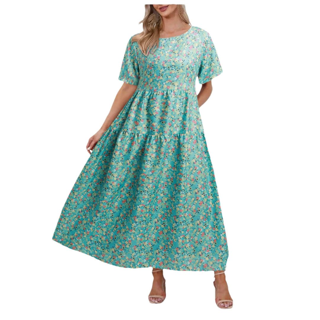 Sukienki damskie, luźna sukienka w kwiaty, boho, z kieszeniami, z krótkim rękawem, długa sukienka