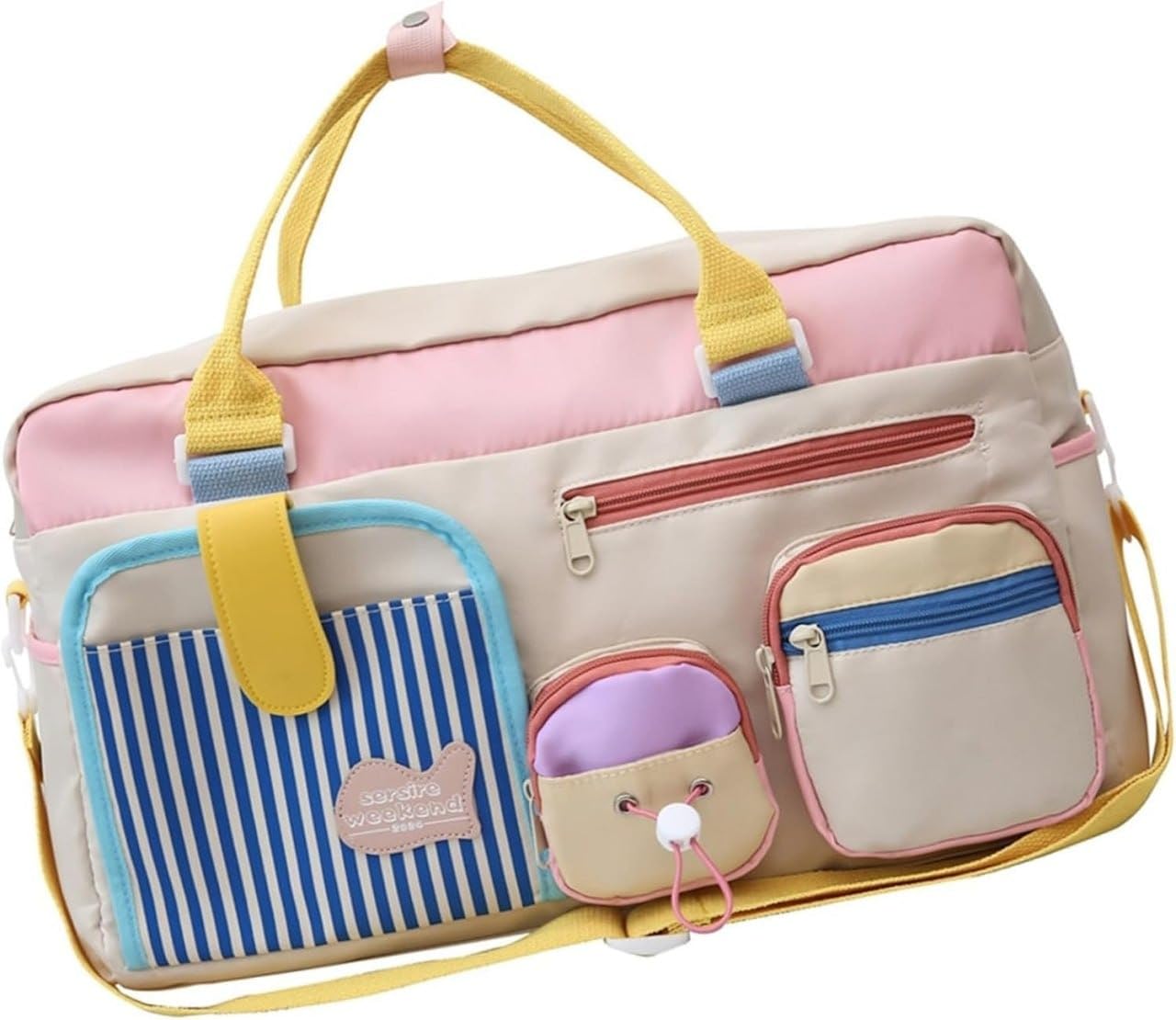 Multicolor Pastel Canvas Travel Duffle Bag with Multi Pockets, Cute Japanese Kawaii Messenger Shoulder Bag for Girls, College, Travel & Casual Use-image-49