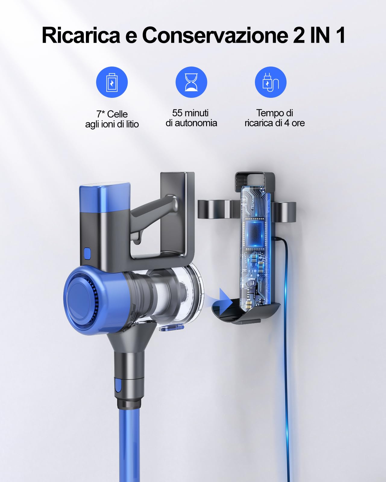 Aspirapolvere Senza Fili 450W/38KPa, Scopa Elettrica Senza Fili con Rilevazione Automatica della Polvere 4 Modes e 55Mins Touchscreen Anti-avvolgimento Aspirapolvere per Pavimenti Tappeti Peli Animali