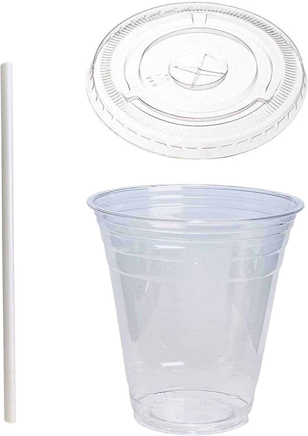 12 oz Crystal Clear Plastic Cups With Flat lids and White Paper Straws - For Summary Beverage, Party, to-go (100)